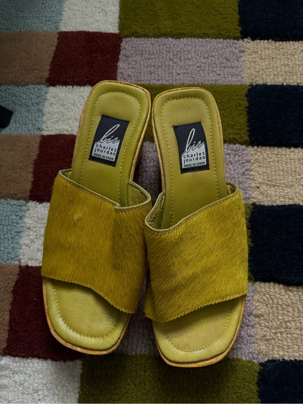 Charles Jourdan Olive Slide Ponyhair Mules